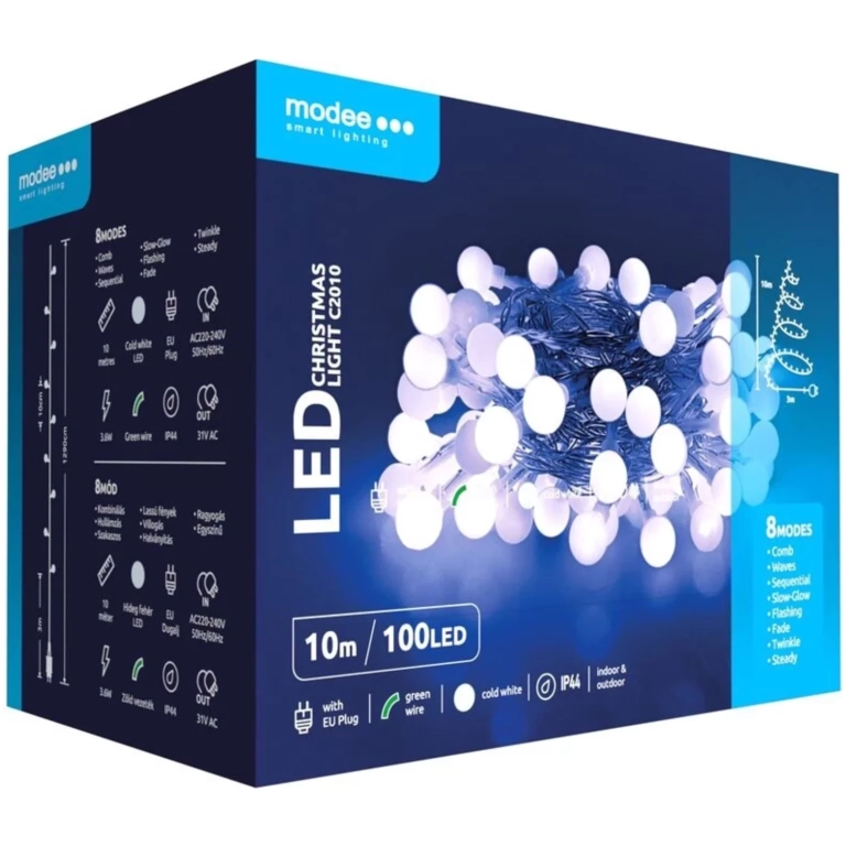 Modee Lighting LED vianočná reťaz 100 LED 10m studená biela bobule