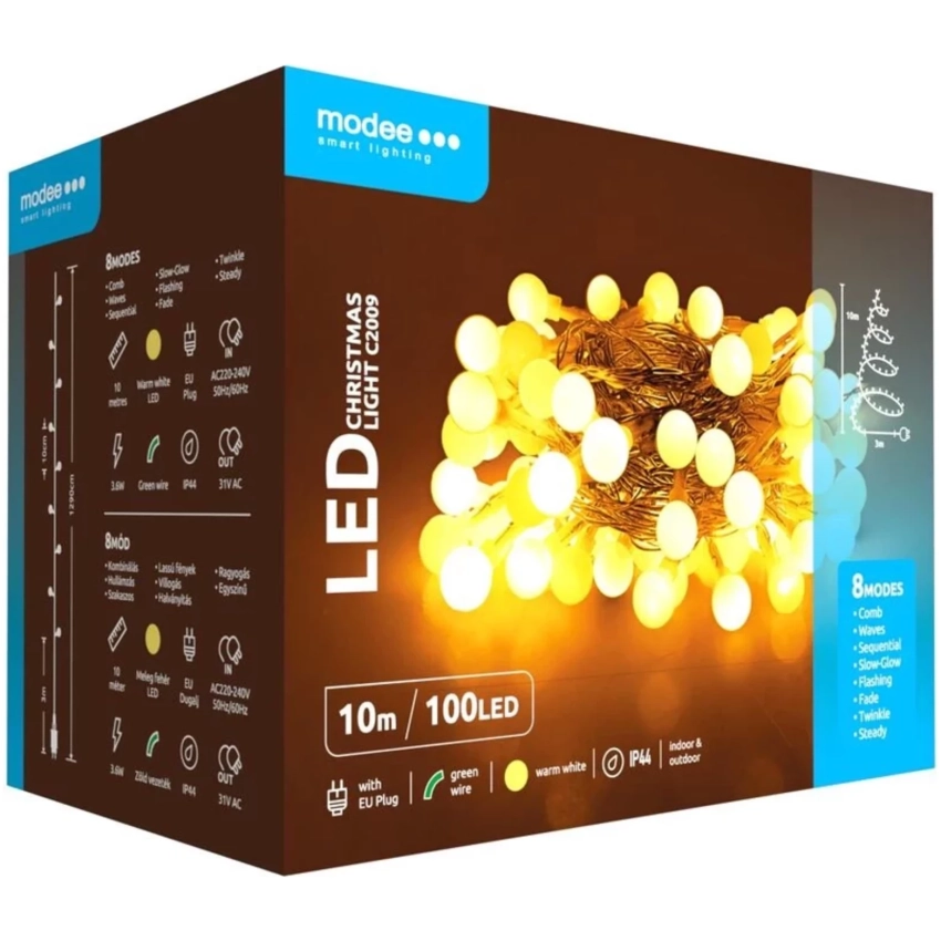 Modee Lighting LED vianočná reťaz 100 LED 10m teplá biela bobule