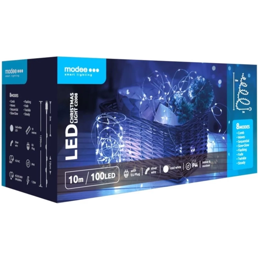 Modee Lighting LED vianočná reťaz 100 LED 10m studená biela cooper