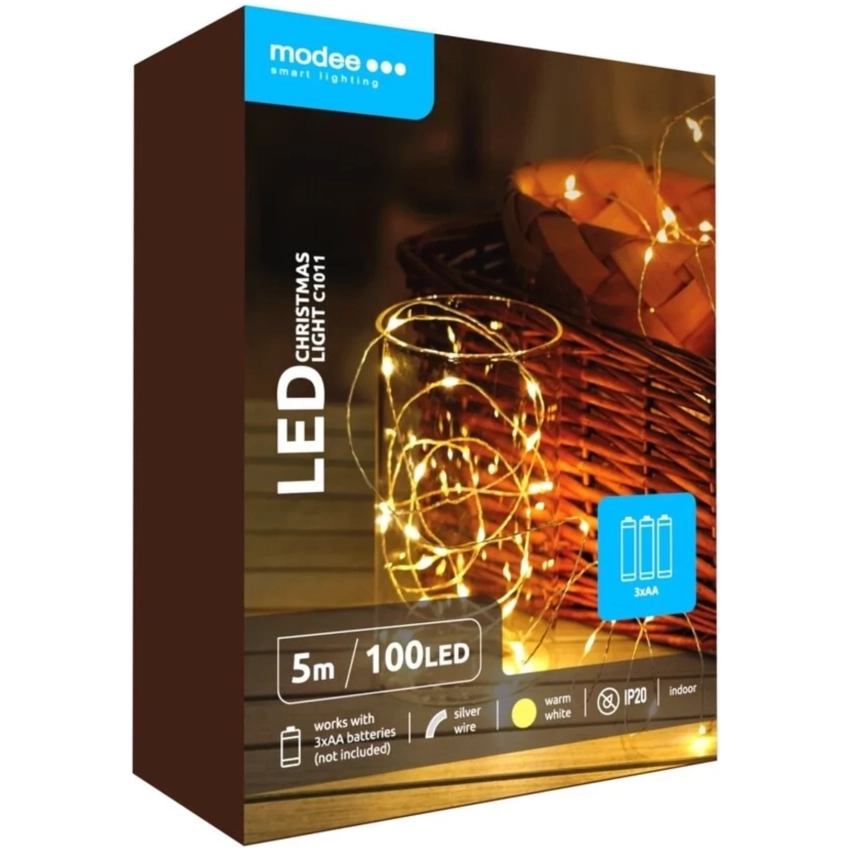 Modee Lighting LED vianočná reťaz 100 LED 5m 3xAA teplá biela
