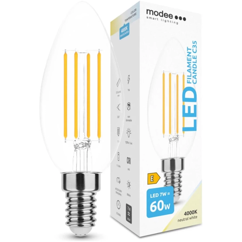 Modee Lighting LED Filament žiarovka E14 7W 4000K sviečka
