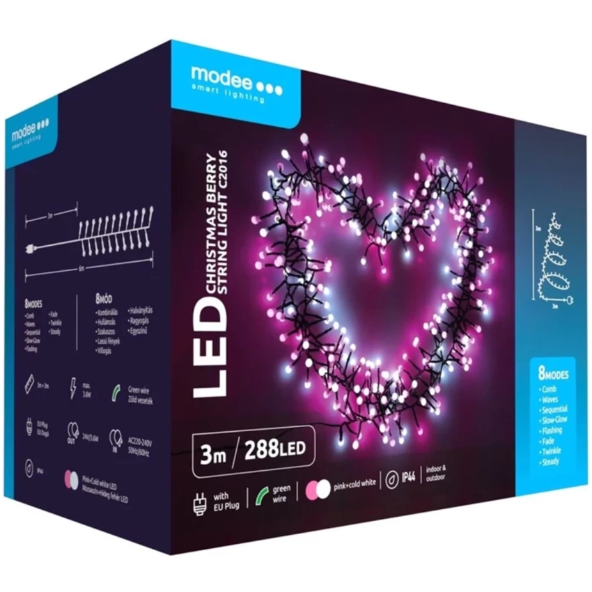 Modee Lighting LED vianočná reťaz 288 LED 3m ružová-biela