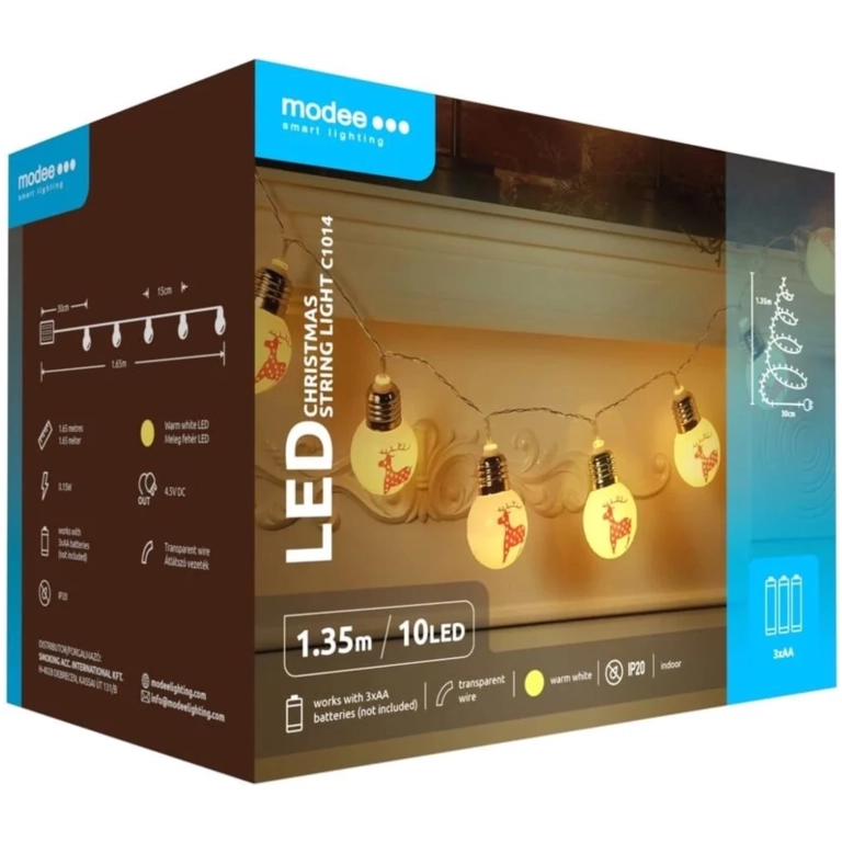Modee Lighting LED vianočná reťaz 10 LED 1,35m 3xAA teplá biela vianočná guľa