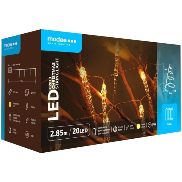 Modee Lighting LED vianočná reťaz 20 LED 2,85m 3xAA teplá biela cencúle