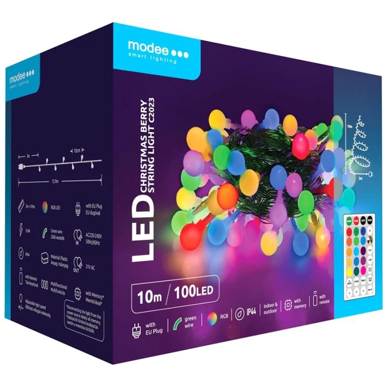 Modee Lighting LED vianočná reťaz 100 LED 10m multicolor bobule + diaľkové