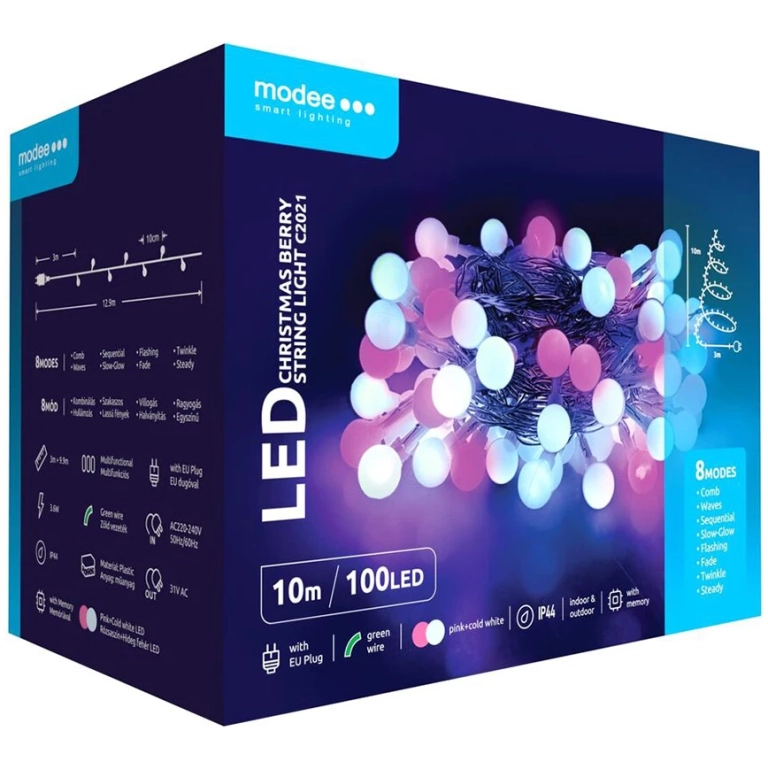 Modee Lighting LED vianočná reťaz 100 LED 10m ružová/biela bobule