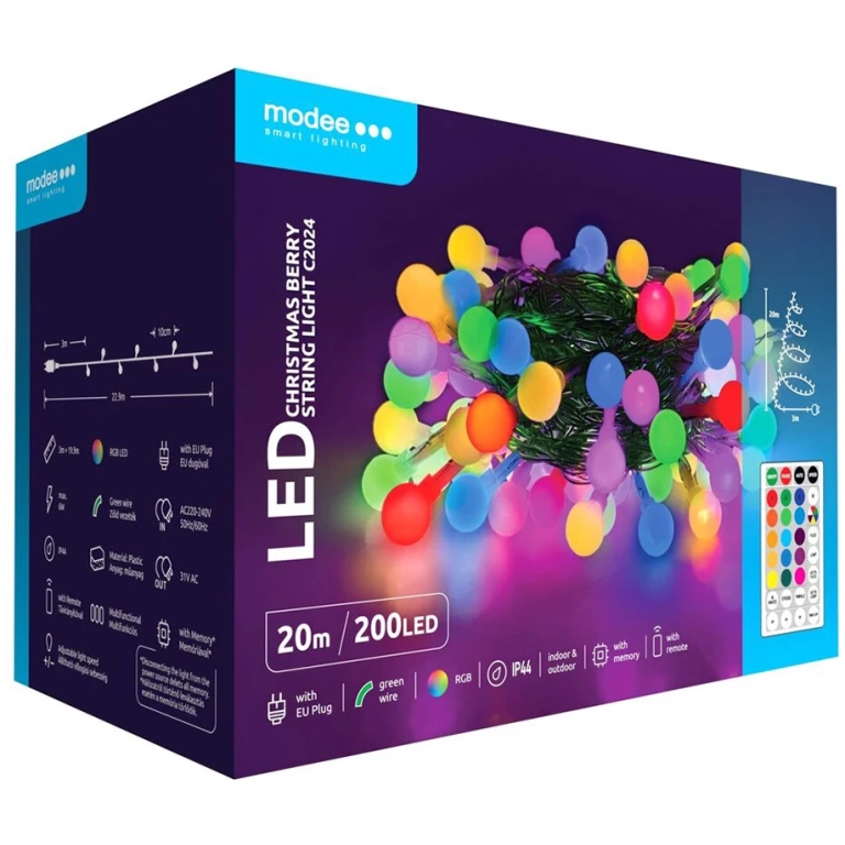 Modee Lighting LED vianočná reťaz 200 LED 20m multicolor bobule + diaľkové
