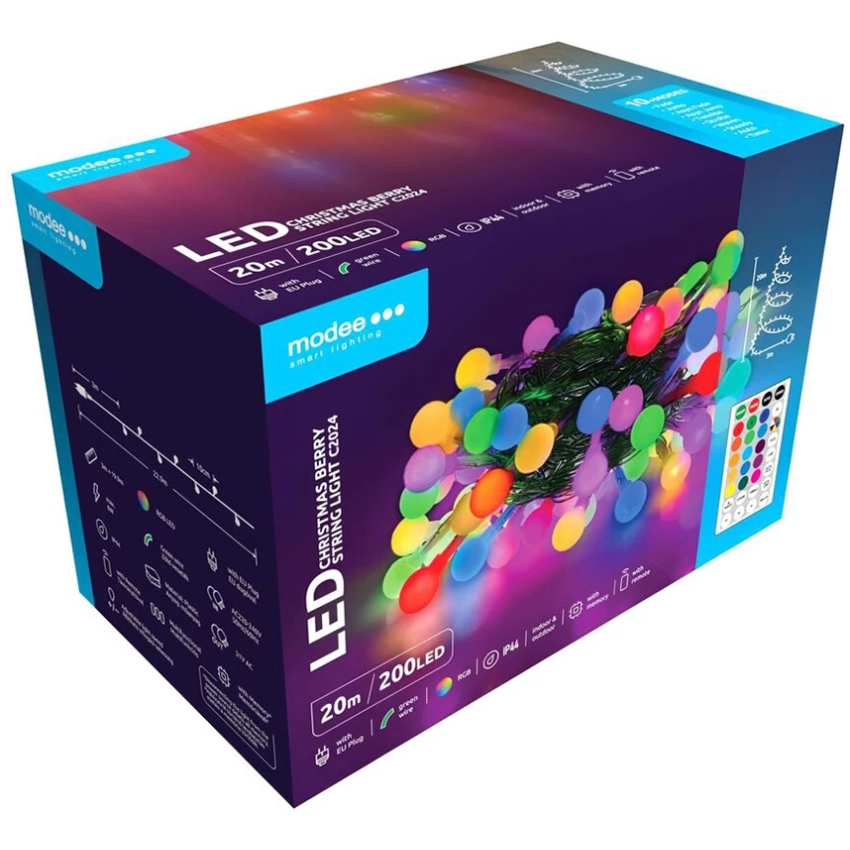 Modee Lighting LED vianočná reťaz 200 LED 20m multicolor bobule + diaľkové