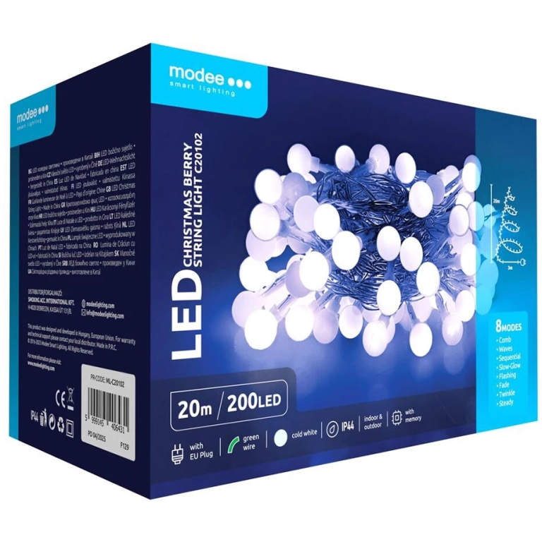 Modee Lighting LED vianočná reťaz 200 LED 20m studená biela bobule
