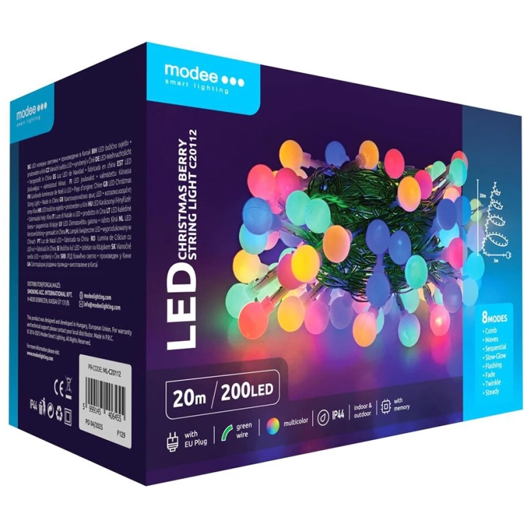 Modee Lighting LED vianočná reťaz 200 LED 20m RGB bobule