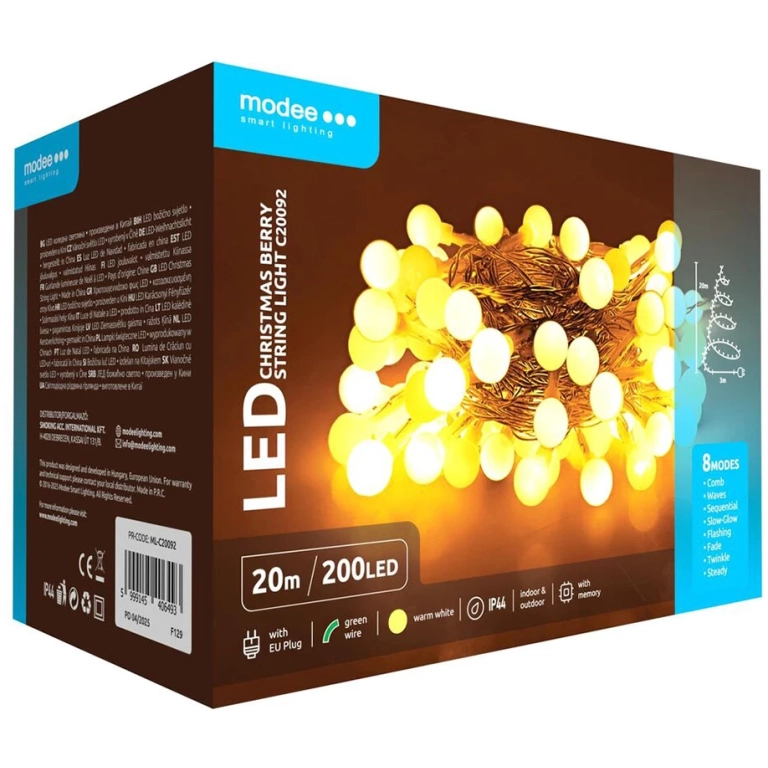 Modee Lighting LED vianočná reťaz 200 LED 20m teplá biela bobule