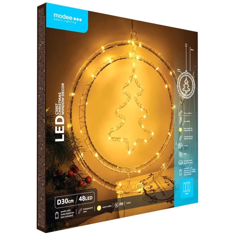 Modee Lighting LED vianočná dekorácia 48LED kruh stromček 3xAA batérie