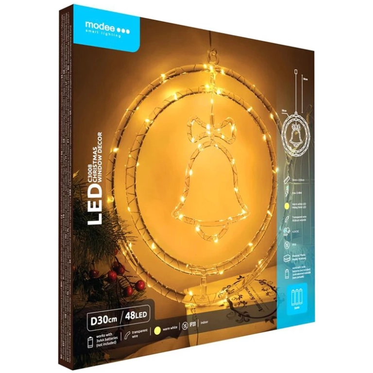 Modee Lighting LED vianočná dekorácia 48LED kruh zvonček 3xAA batéríe