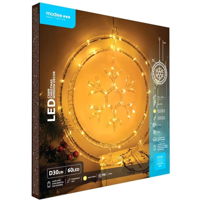 Modee Lighting LED vianočná dekorácia 60LED kruh vločka 3xAA batérie