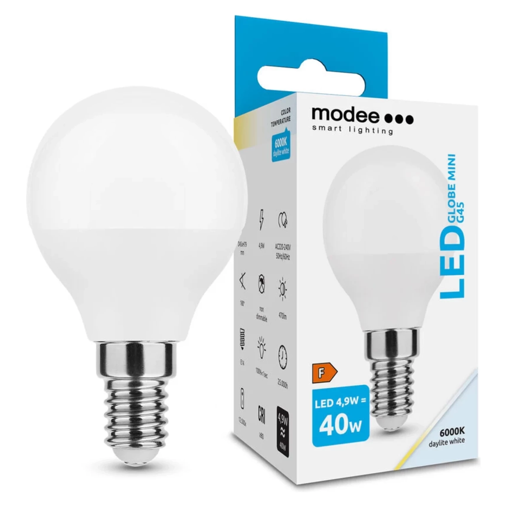 Modee Lighting LED žiarovka E14 4,9W 6000K MINI G45 (40W) Modee Lighting LED žiarovka E14 4,9W 6000K MINI G45 (40W)