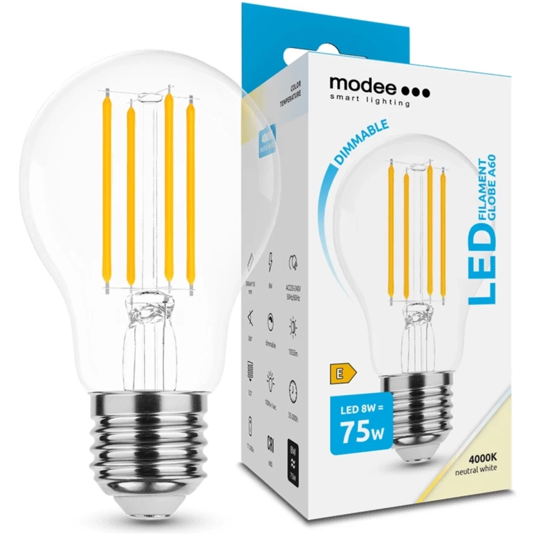 Modee Lighting LED Filament žiarovka E27 8W 4000K A60 stmievateľná (75W)