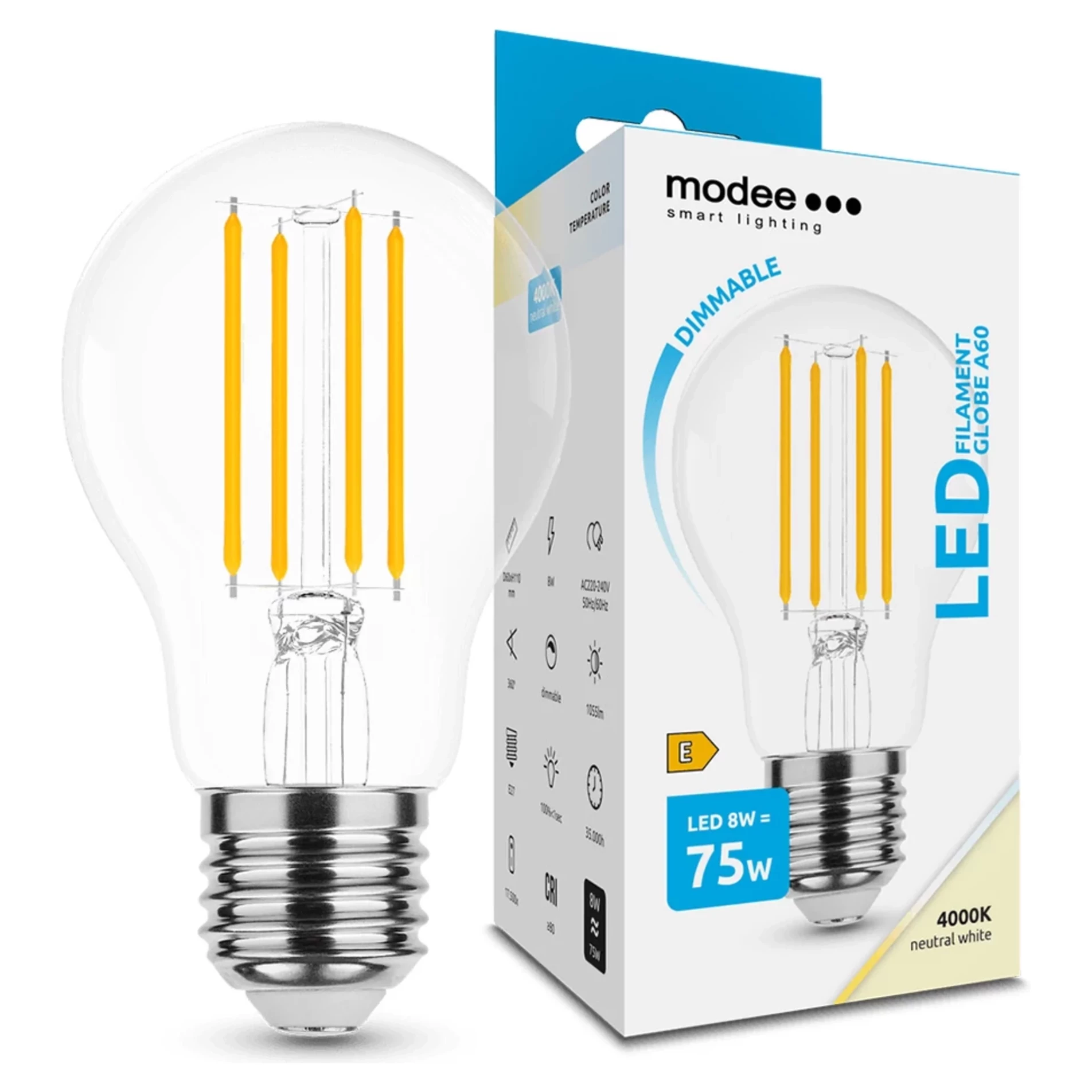 Modee Lighting LED Filament žiarovka E27 8W 4000K A60 stmievateľná (75W) Modee Lighting LED Filament žiarovka E27 8W 4000K A60 stmievateľná (75W)