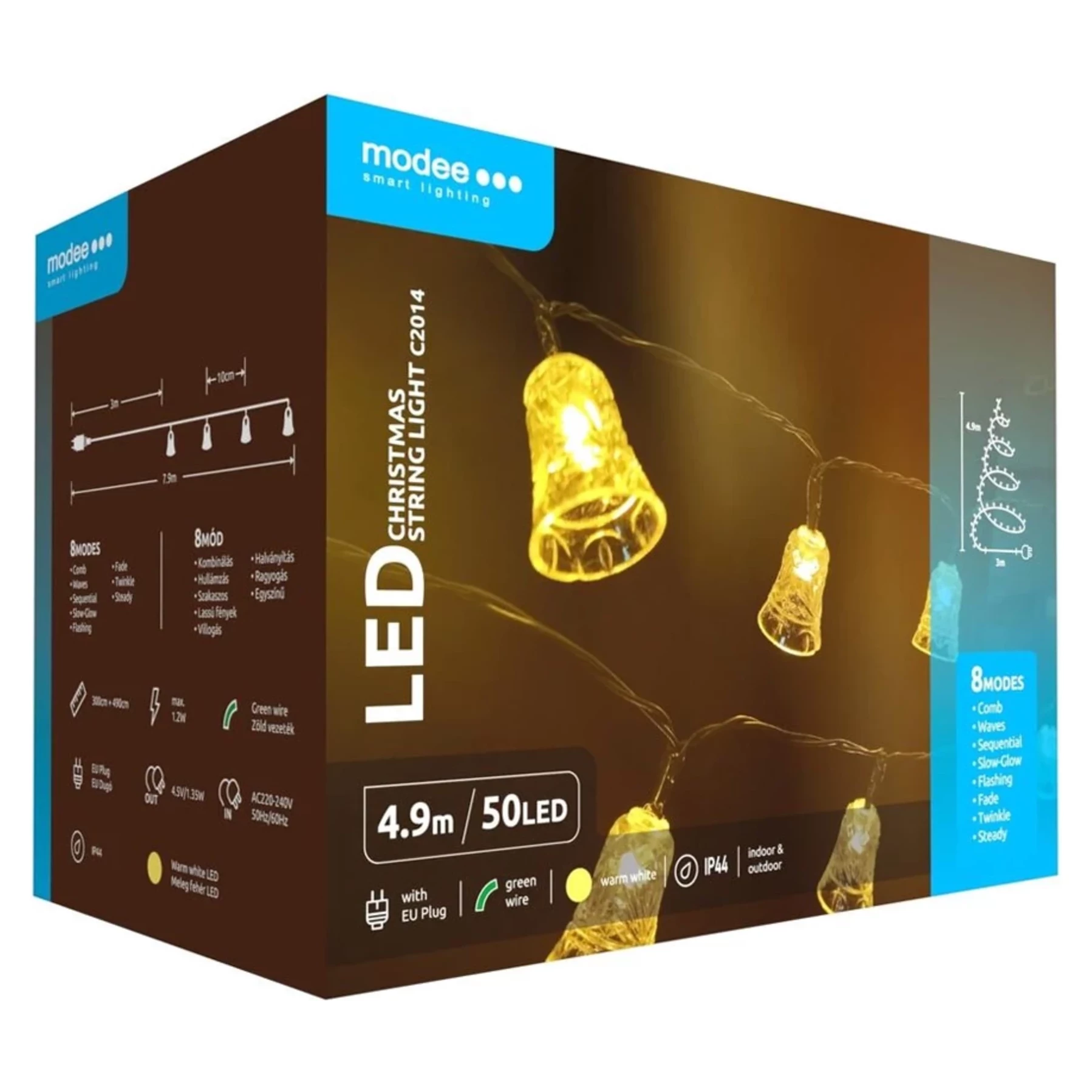Modee Lighting LED vianočná reťaz 50 LED 4,9m zvončeky, teplá biela Modee Lighting LED vianočná reťaz 50 LED 4,9m zvončeky, teplá biela