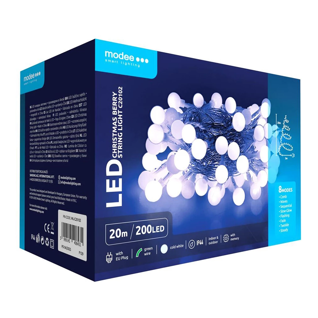 Modee Lighting LED vianočná reťaz 200 LED 20m studená biela bobule Modee Lighting LED vianočná reťaz 200 LED 20m studená biela bobule